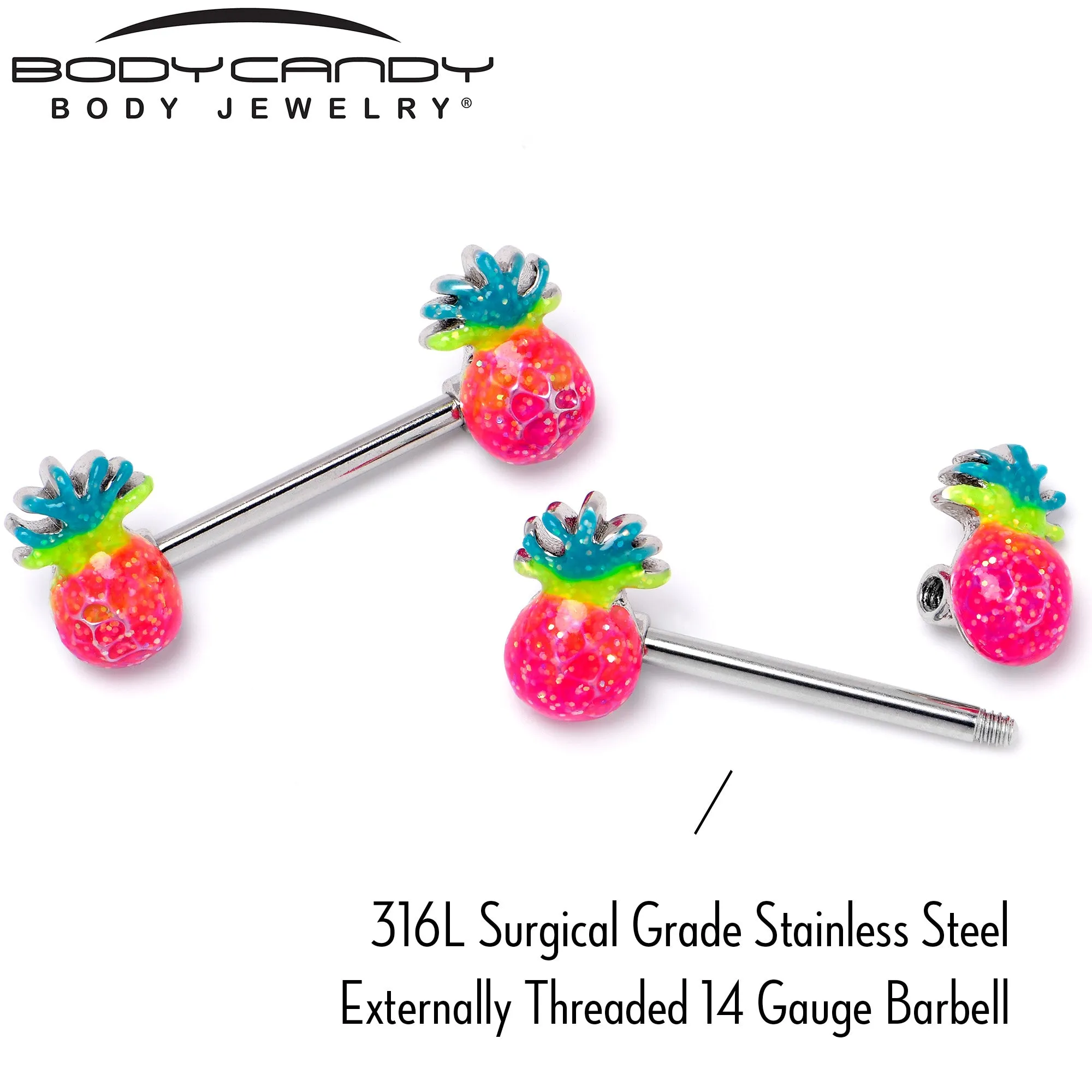 14 Gauge 9/16 Hot Tropical Pineapple Barbell Nipple Ring Set