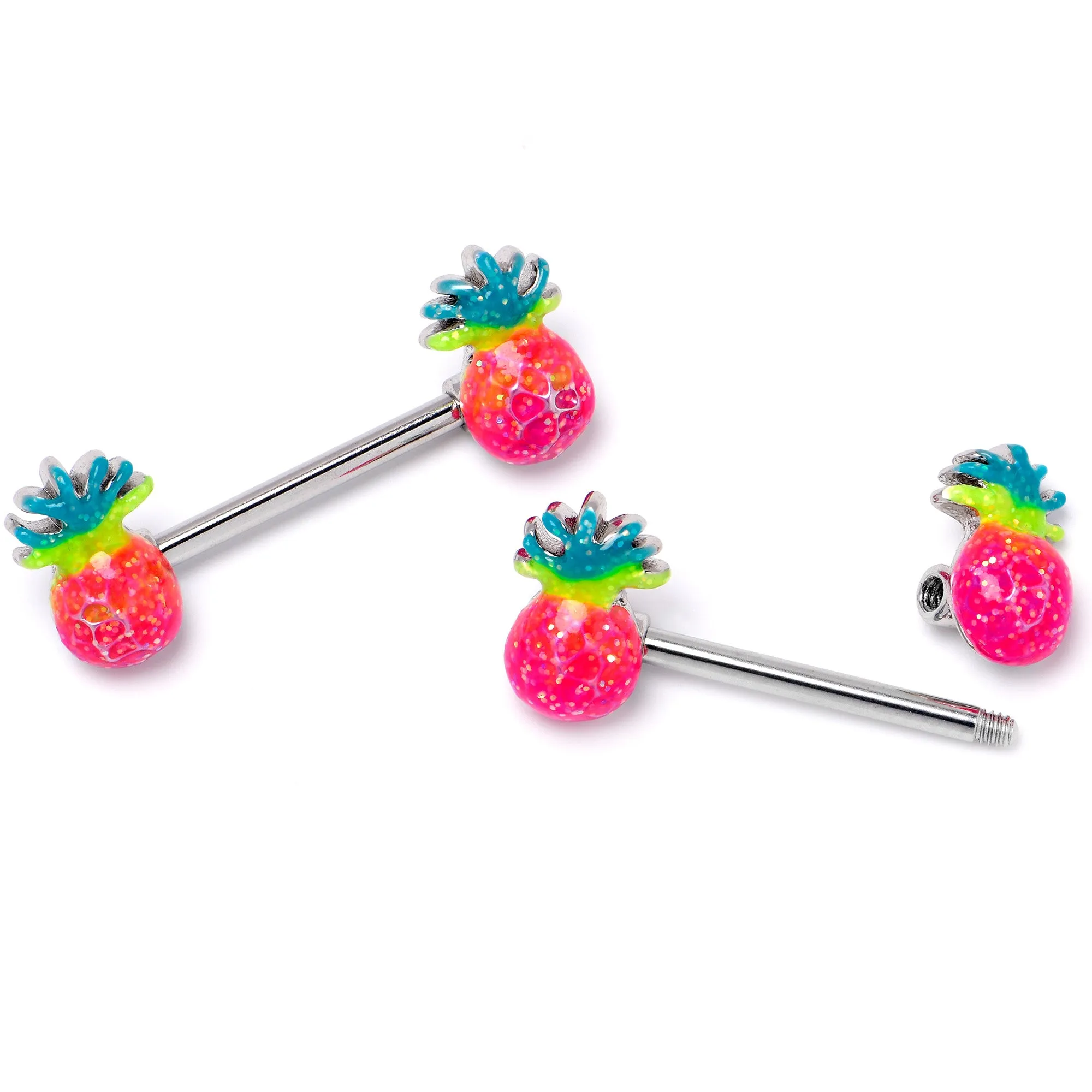 14 Gauge 9/16 Hot Tropical Pineapple Barbell Nipple Ring Set