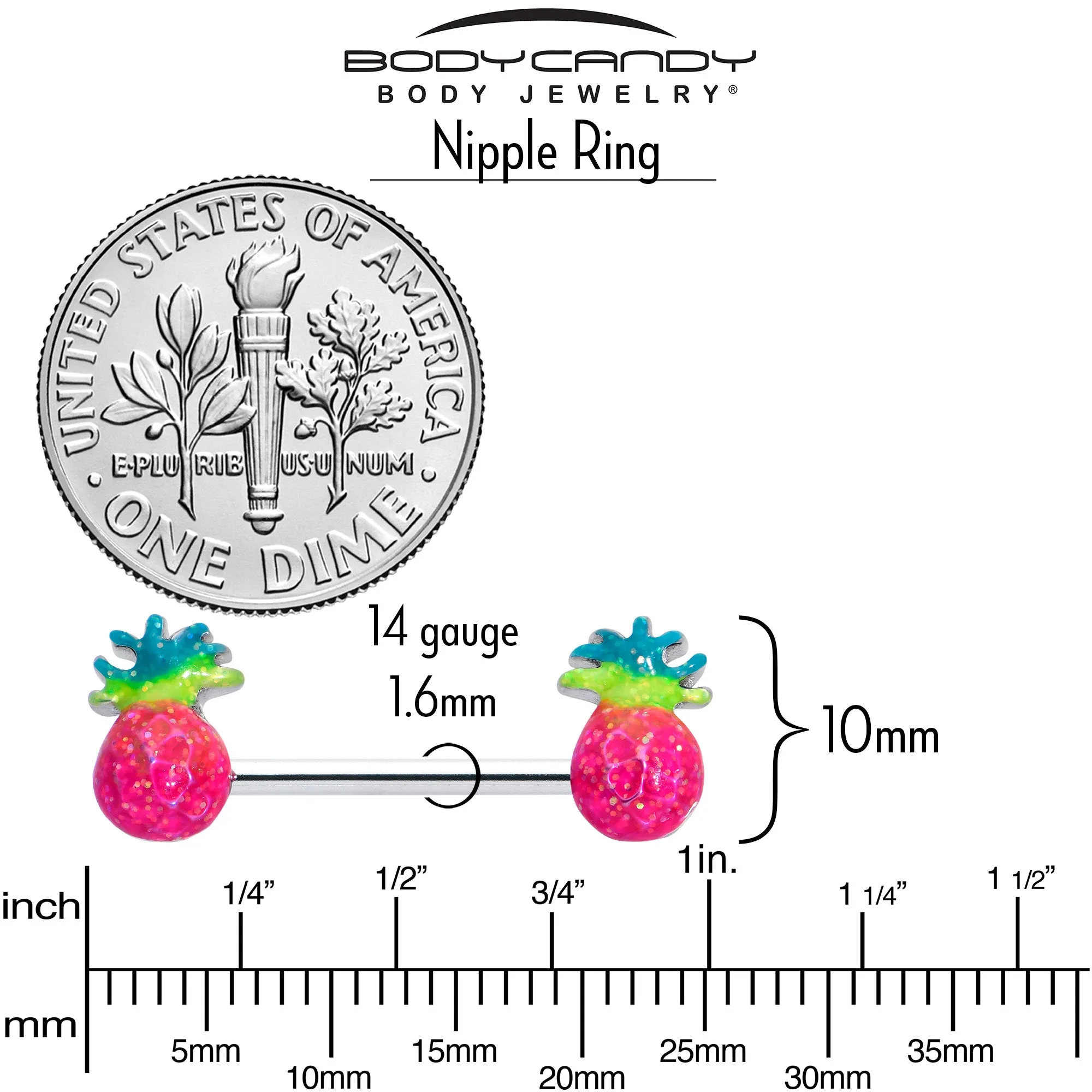 14 Gauge 9/16 Hot Tropical Pineapple Barbell Nipple Ring Set