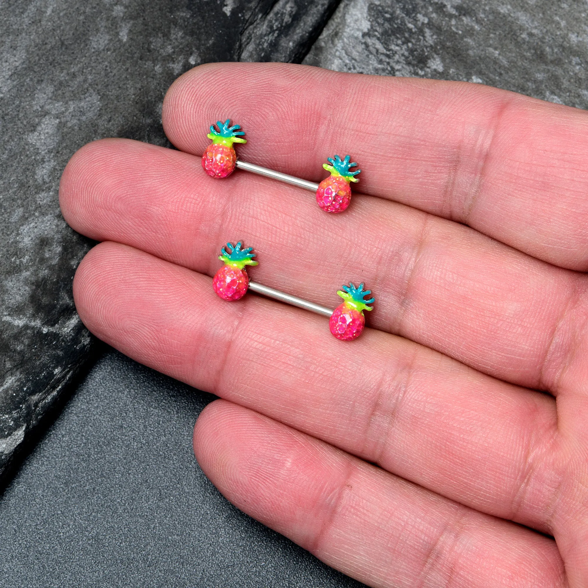 14 Gauge 9/16 Hot Tropical Pineapple Barbell Nipple Ring Set