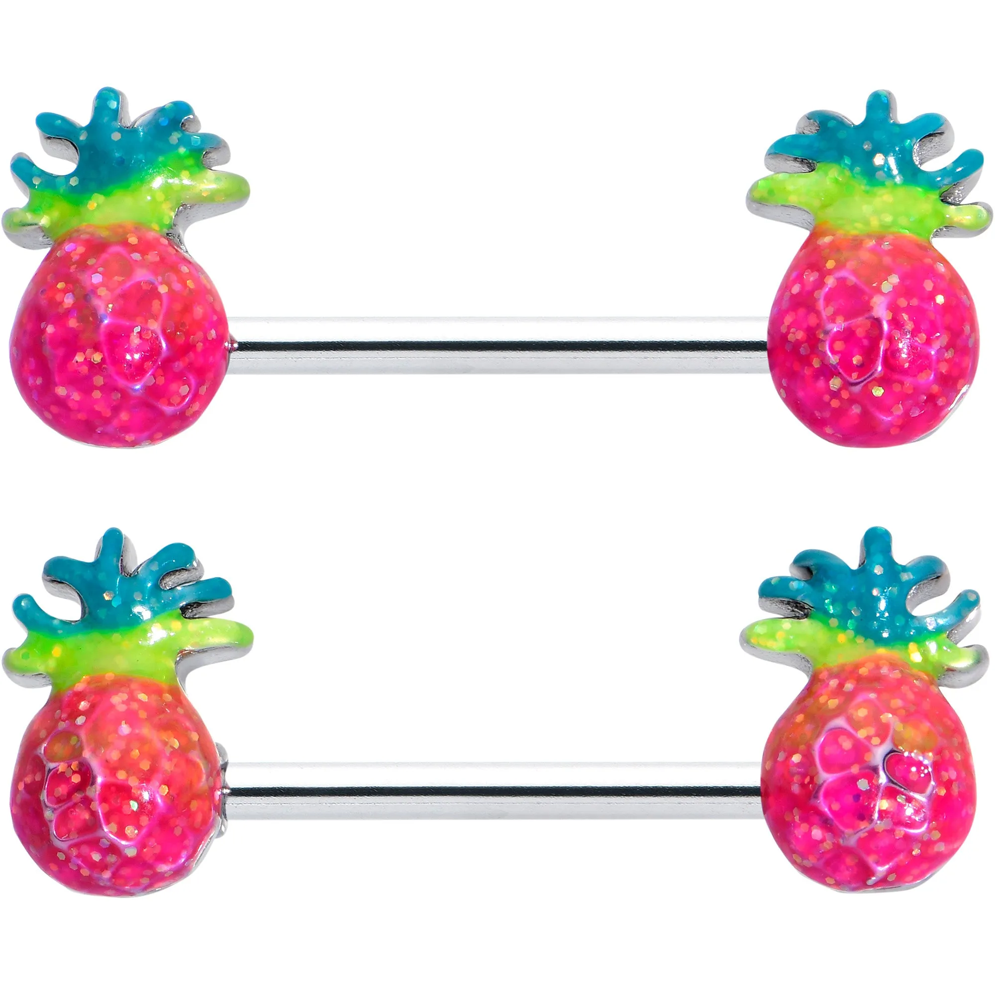 14 Gauge 9/16 Hot Tropical Pineapple Barbell Nipple Ring Set