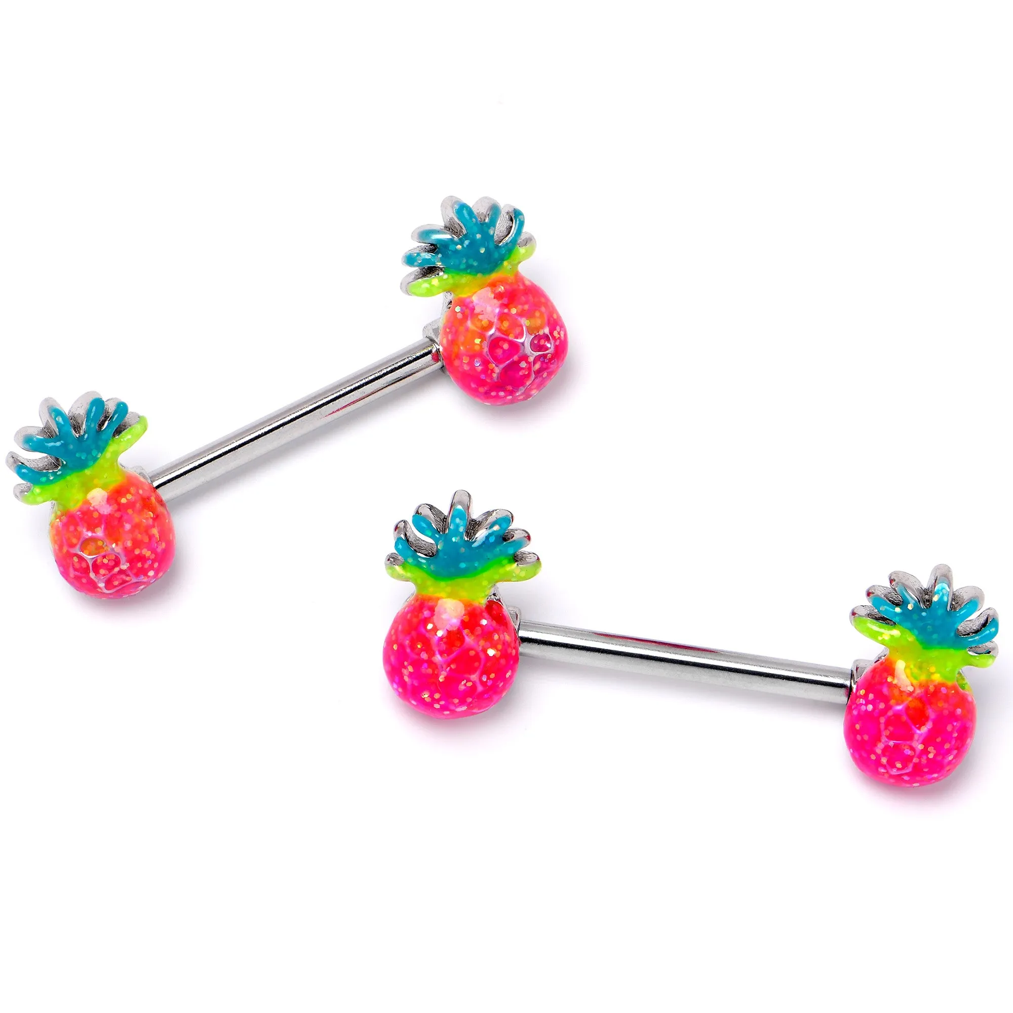 14 Gauge 9/16 Hot Tropical Pineapple Barbell Nipple Ring Set