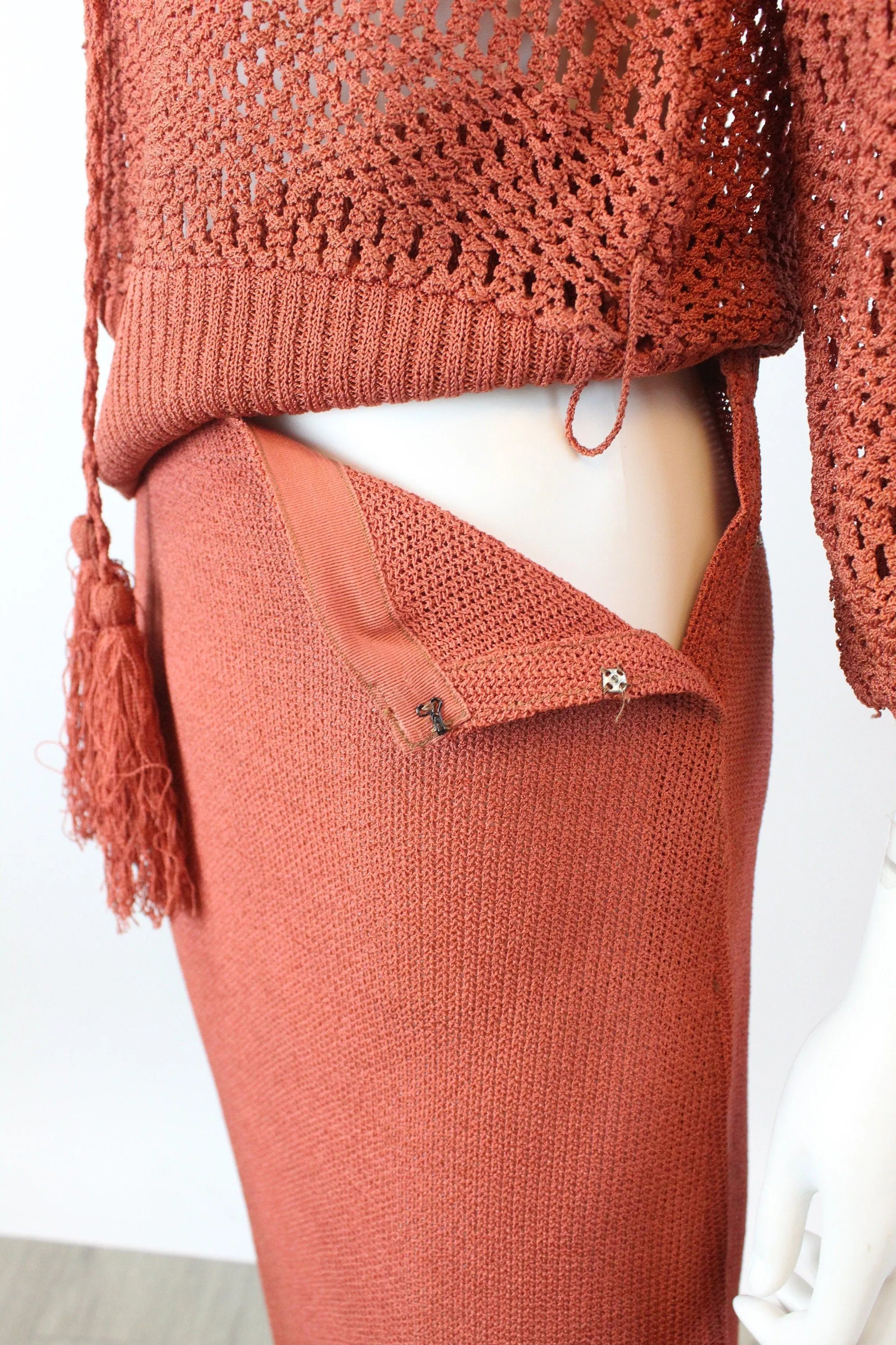 1930s terra cotta KNITWEAR CROCHET sweater and skirt set small medium | new winter