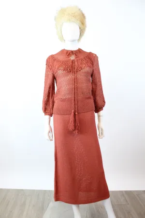 1930s terra cotta KNITWEAR CROCHET sweater and skirt set small medium | new winter