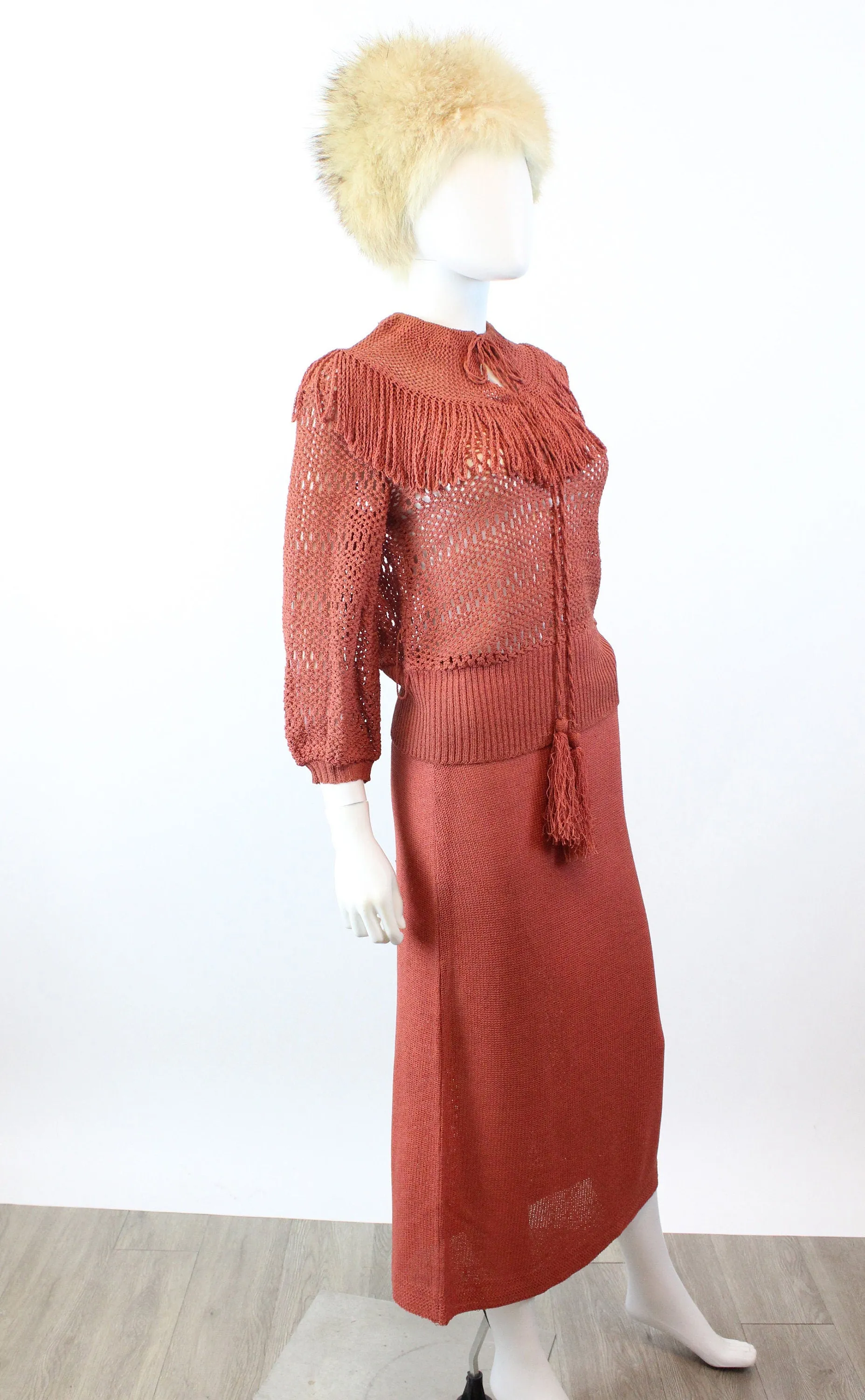 1930s terra cotta KNITWEAR CROCHET sweater and skirt set small medium | new winter