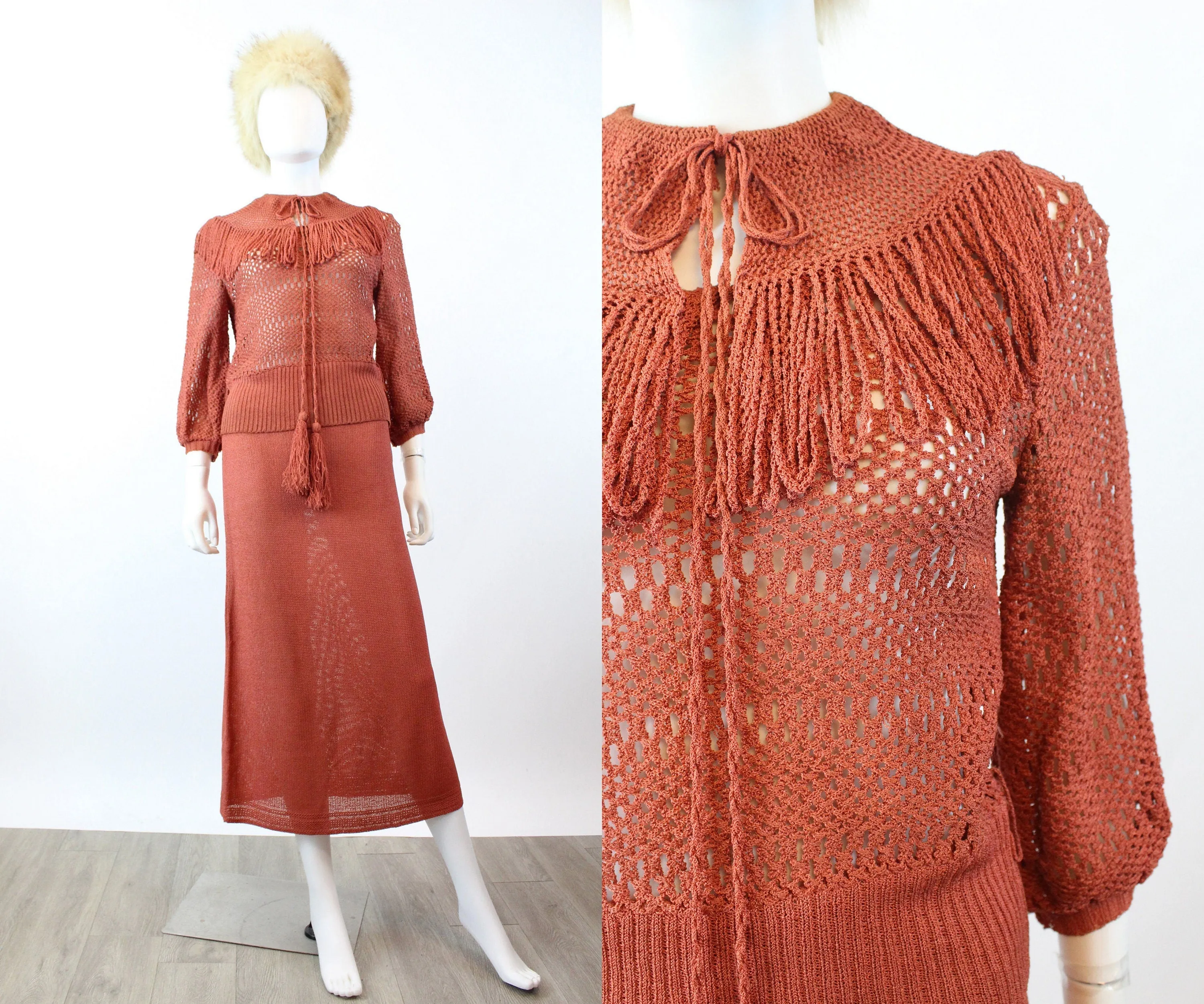 1930s terra cotta KNITWEAR CROCHET sweater and skirt set small medium | new winter