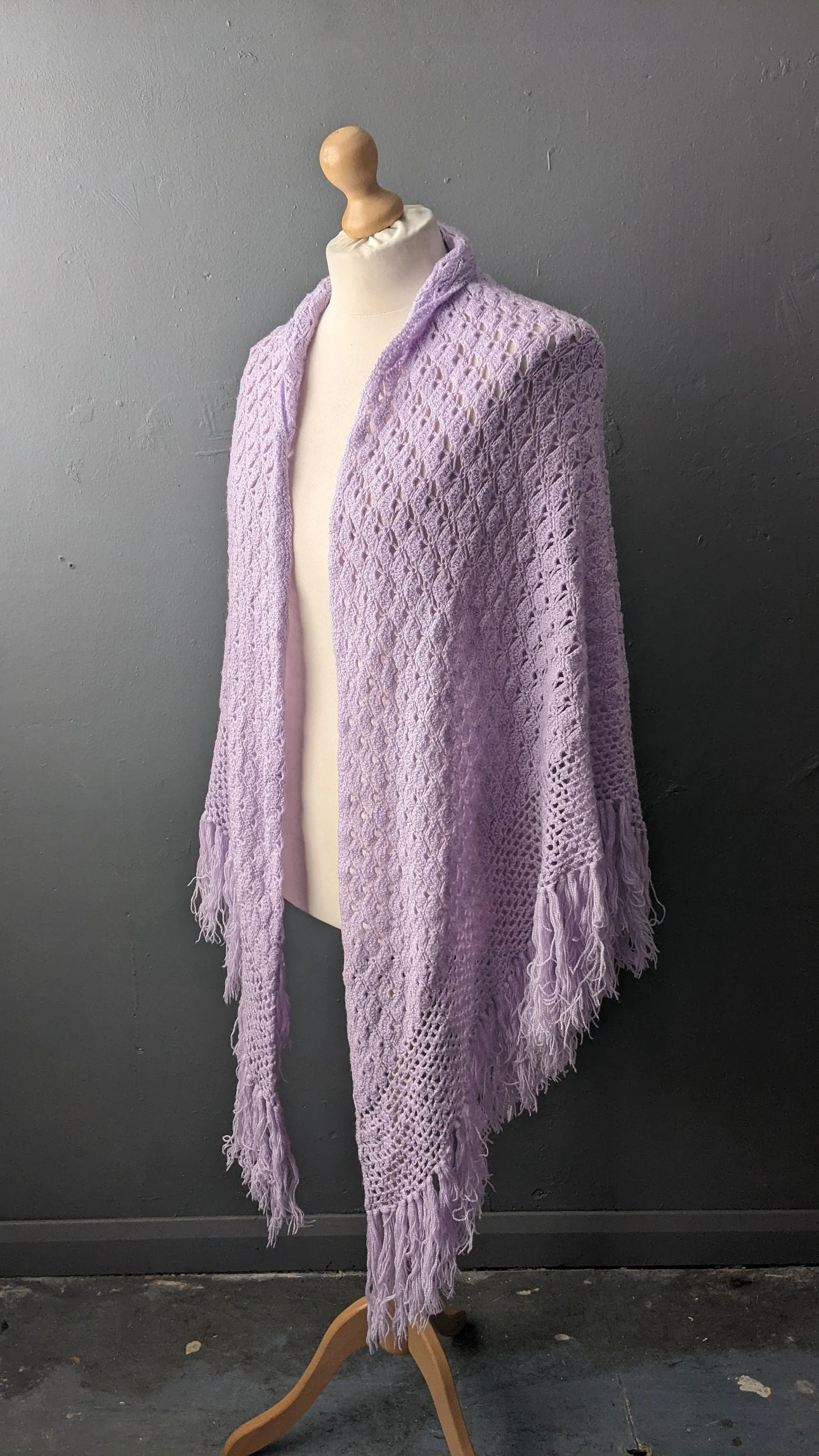 70s Lilac Crochet Shawl, Large Pastel Colour Triangle Wrap
