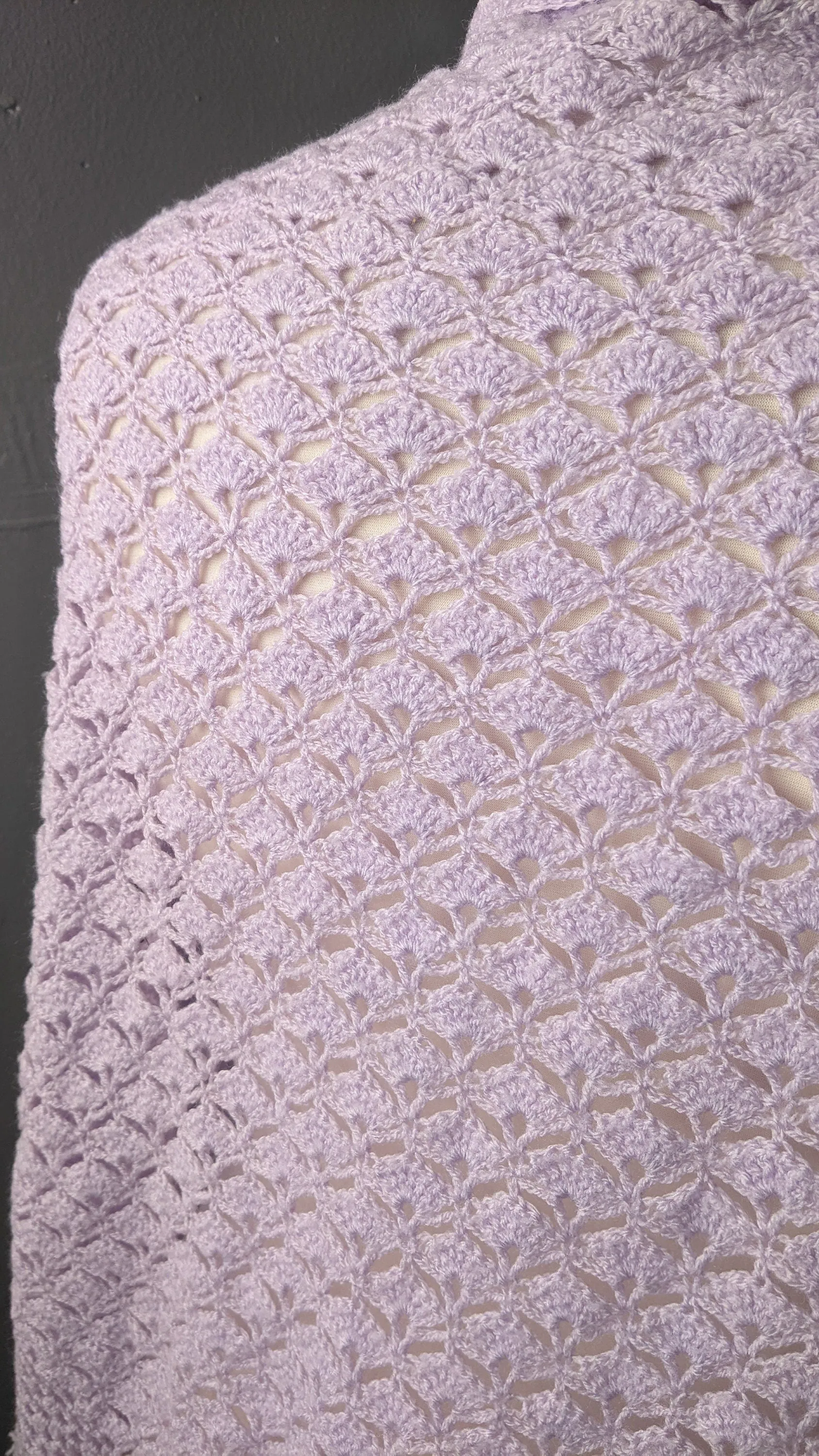 70s Lilac Crochet Shawl, Large Pastel Colour Triangle Wrap