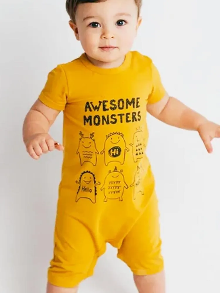 Artie - Awesome Monsters - Mustard Short Sleeve Summer Romper 9 to 24 Months