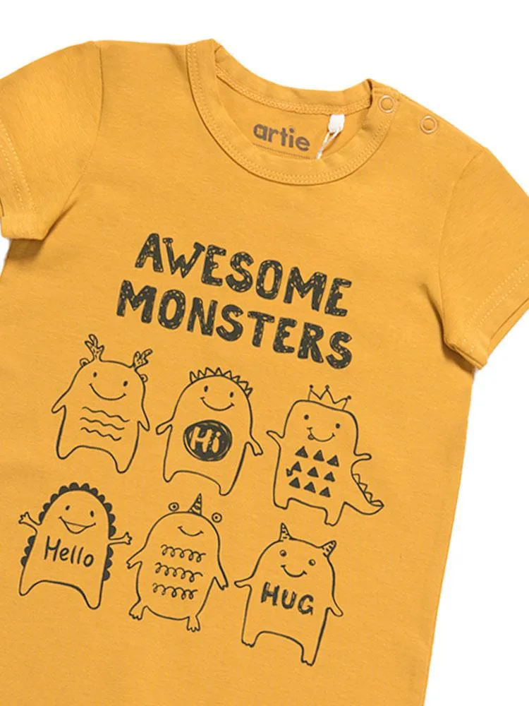 Artie - Awesome Monsters - Mustard Short Sleeve Summer Romper 9 to 24 Months