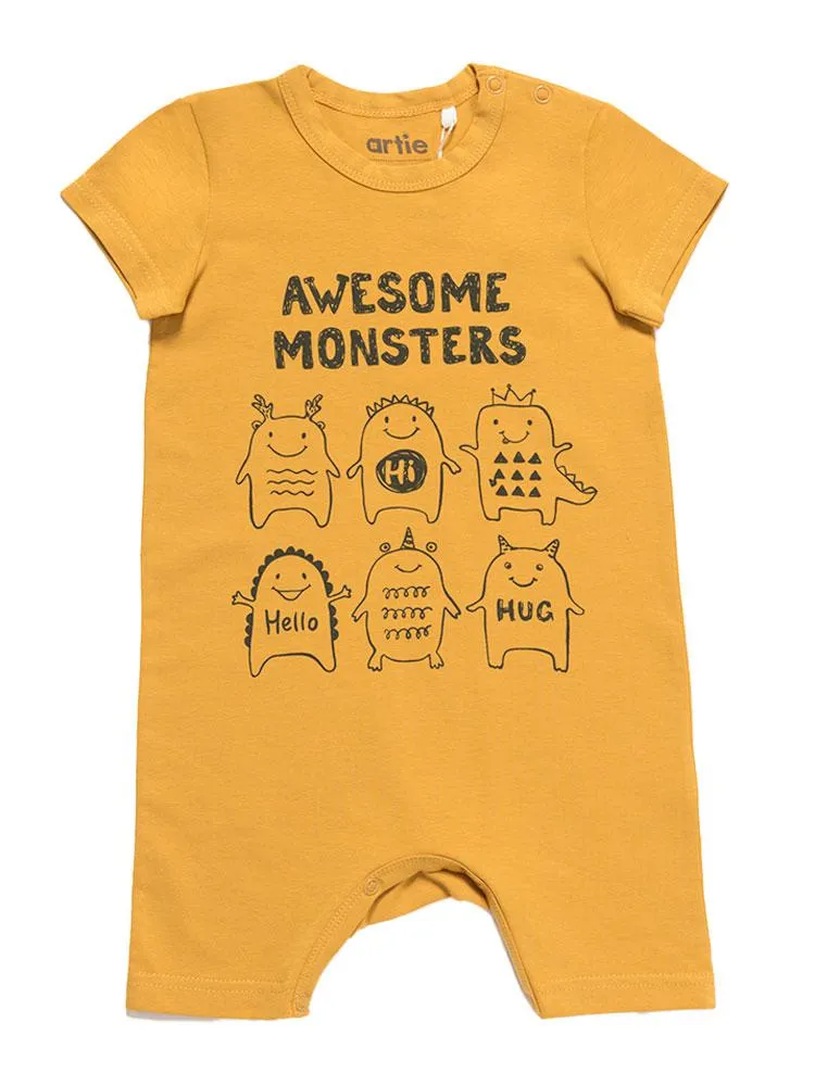 Artie - Awesome Monsters - Mustard Short Sleeve Summer Romper 9 to 24 Months