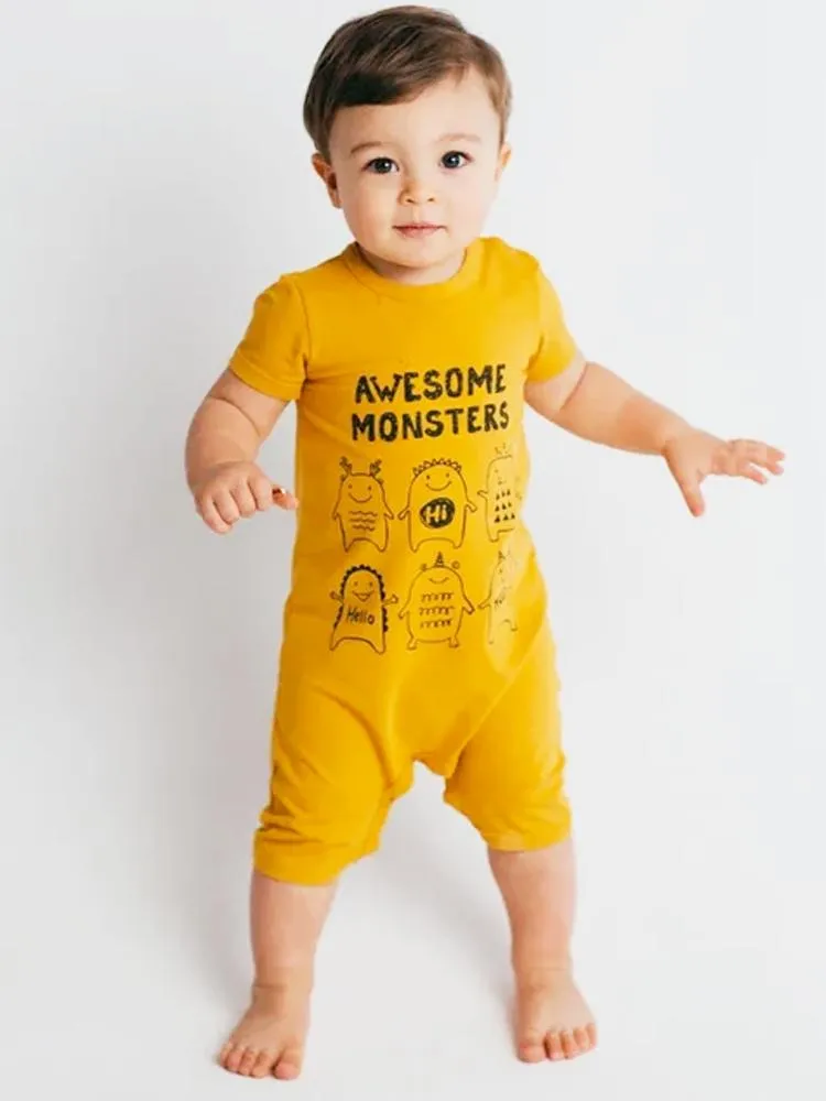 Artie - Awesome Monsters - Mustard Short Sleeve Summer Romper 9 to 24 Months