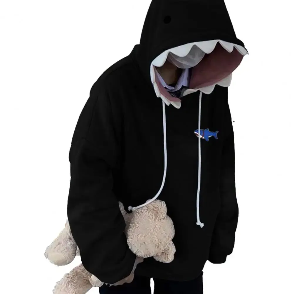 Autumn Winter Fun Shark Patch Hooded Hoodies Men Sport Casual Loose Trendy Couple's Pullover Hoodies