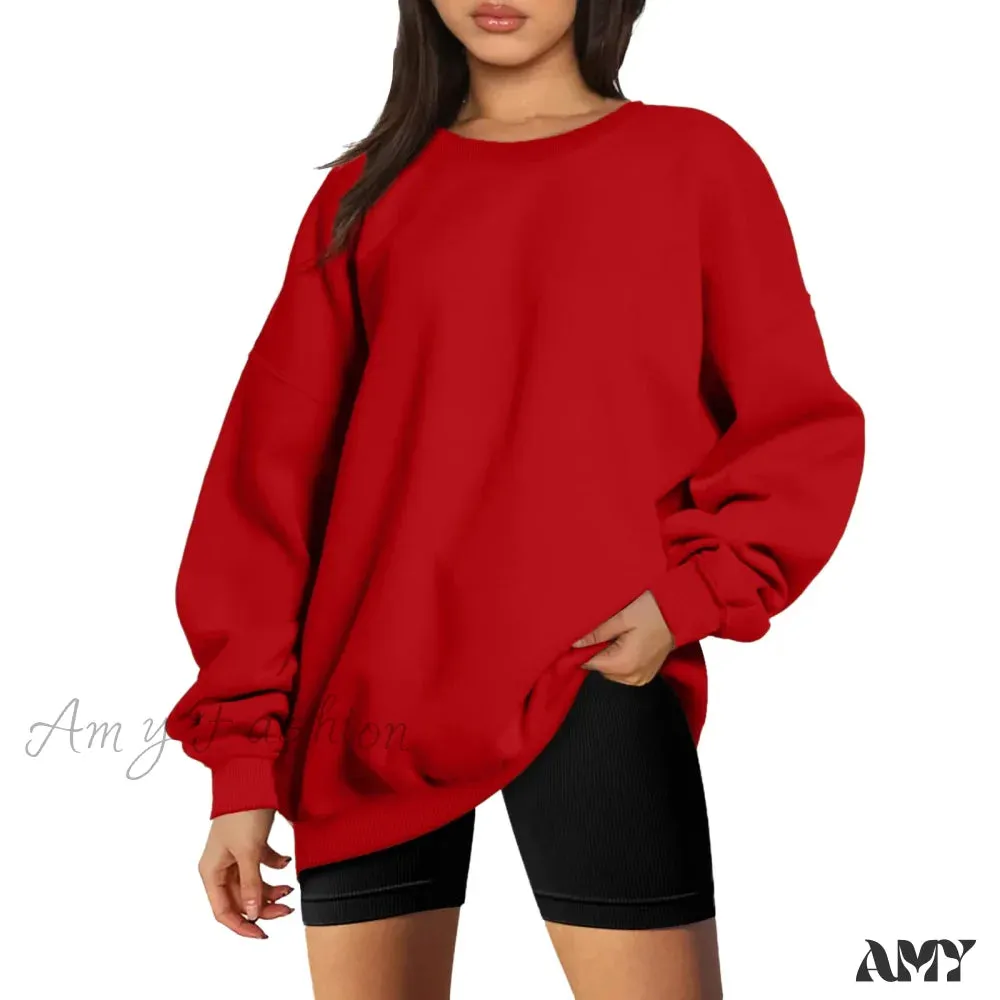 Autumn Winter Loose Oversize Solid Color O Neck Pullover Long Sleeve Harajuku Hoodies