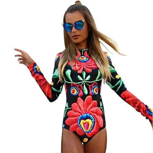 Autumn Women Bodysuits Print Flower Sexy Club Jumpsuits Long Sleeve Bodycon Sheath Bodysuit Elastic Heyoungirl