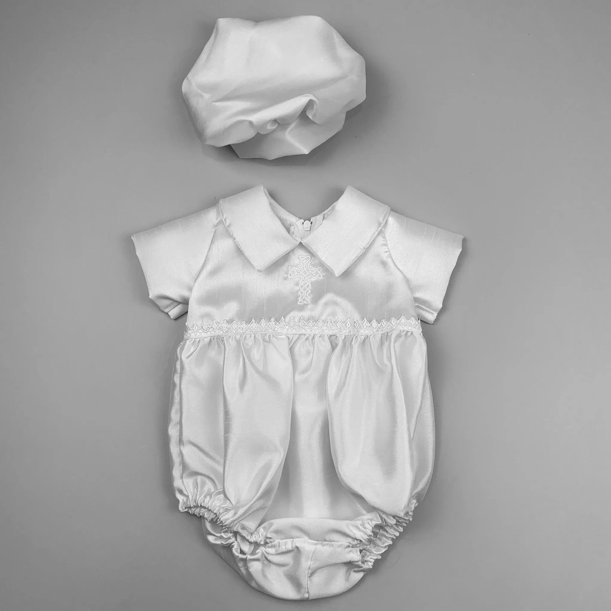 Baby Boy Christening Romper with Embroidered Cross & Matching Hat – White