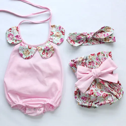 baby toddler summer boutiques baby girls vintage floral ruffle neck romper cloth with bow knot shorts headband