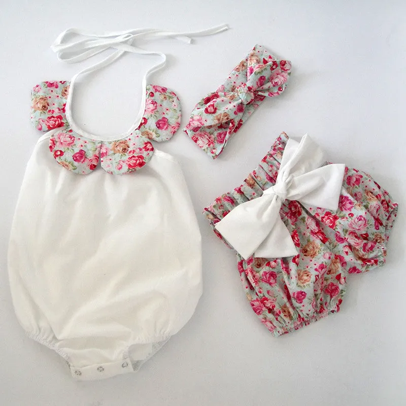 baby toddler summer boutiques baby girls vintage floral ruffle neck romper cloth with bow knot shorts headband