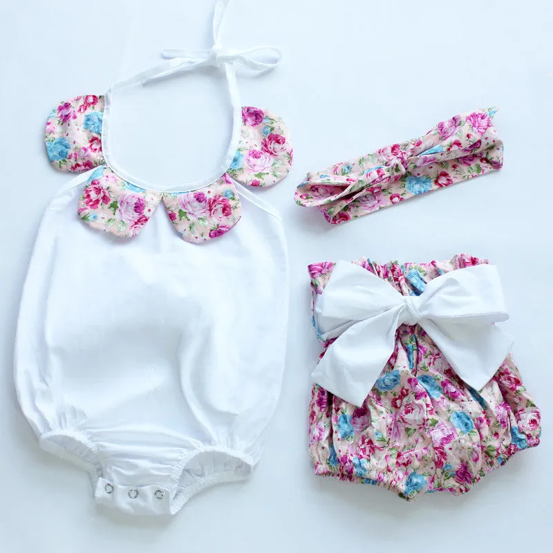 baby toddler summer boutiques baby girls vintage floral ruffle neck romper cloth with bow knot shorts headband
