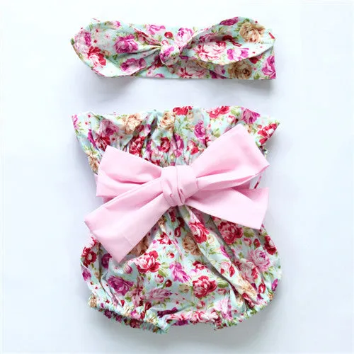 baby toddler summer boutiques baby girls vintage floral ruffle neck romper cloth with bow knot shorts headband
