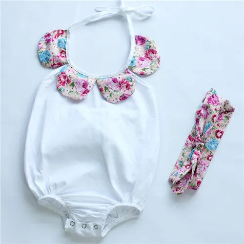 baby toddler summer boutiques baby girls vintage floral ruffle neck romper cloth with bow knot shorts headband