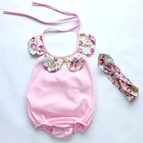 baby toddler summer boutiques baby girls vintage floral ruffle neck romper cloth with bow knot shorts headband