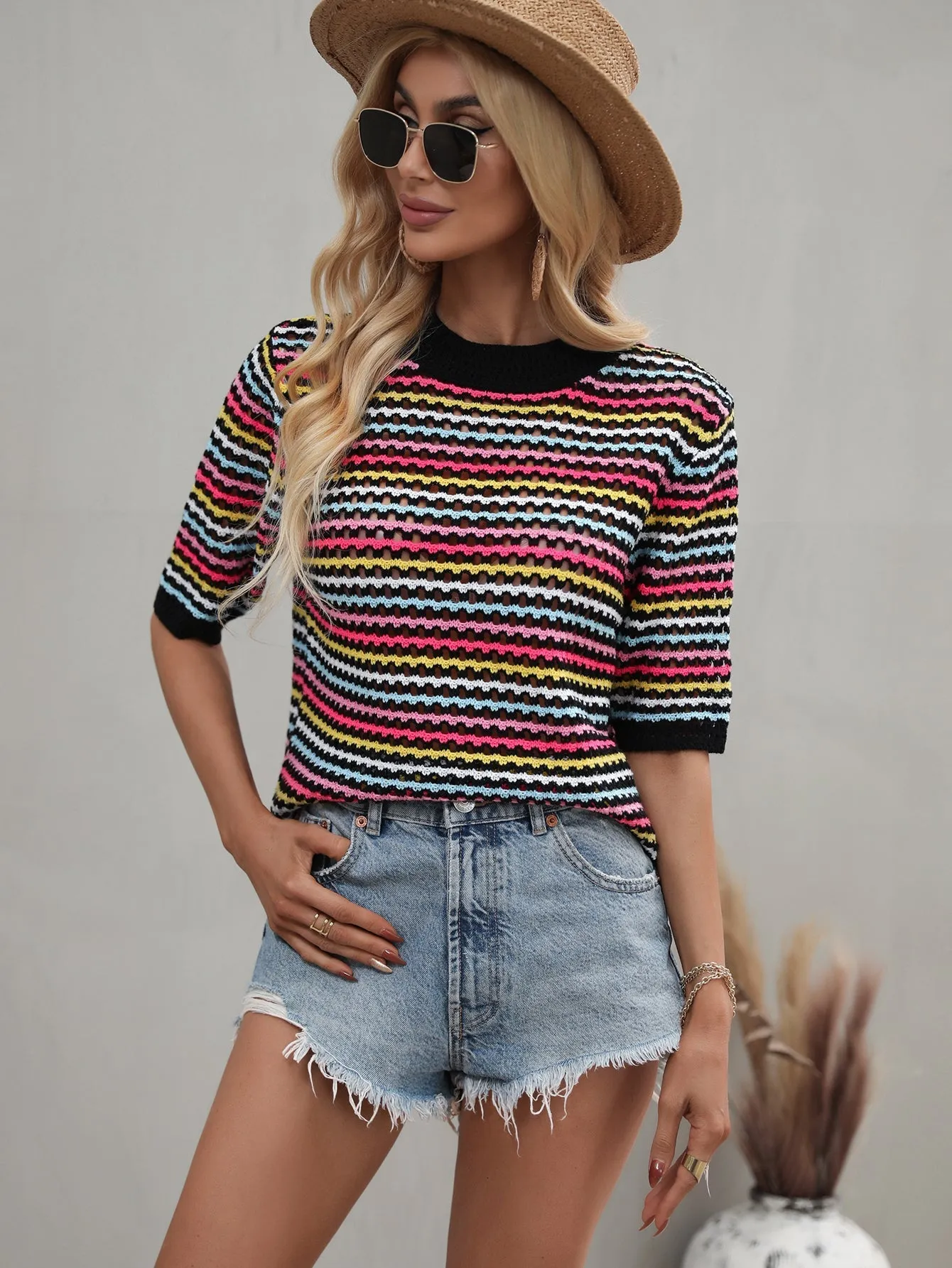 Bee Crochet Knit Top - Black