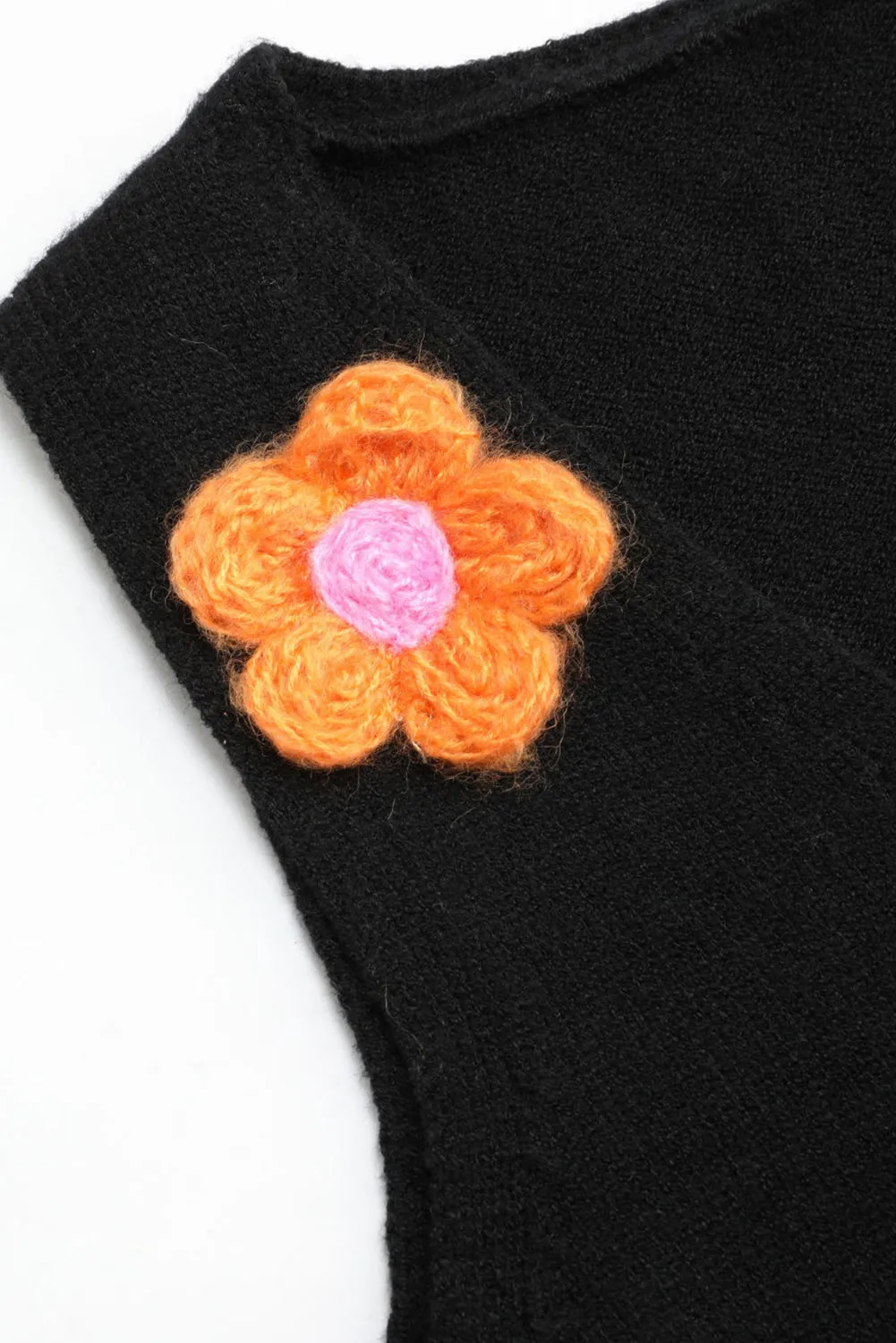 Black 3D Flower Decor Sleeveless Knitted Crop Top