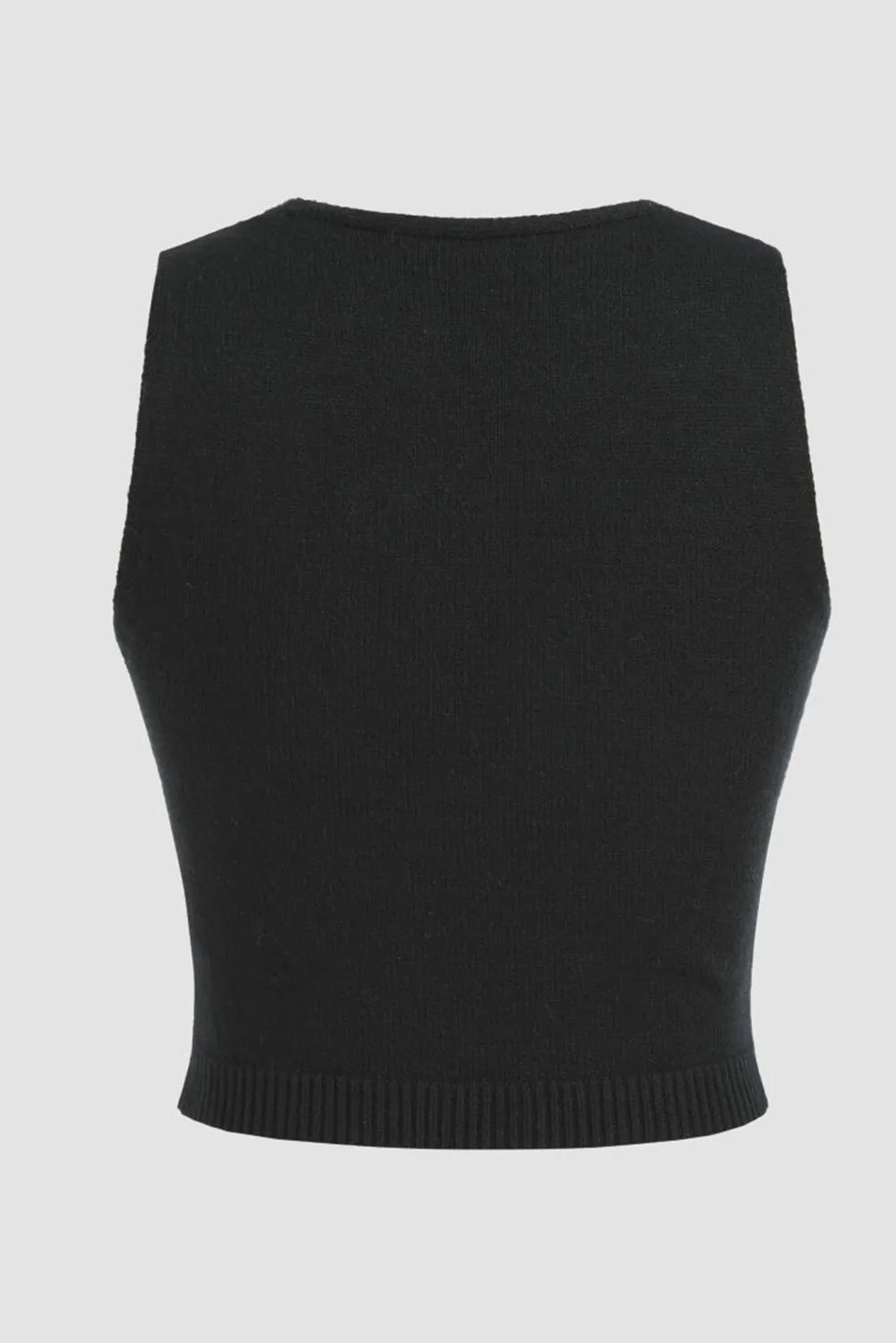 Black 3D Flower Decor Sleeveless Knitted Crop Top