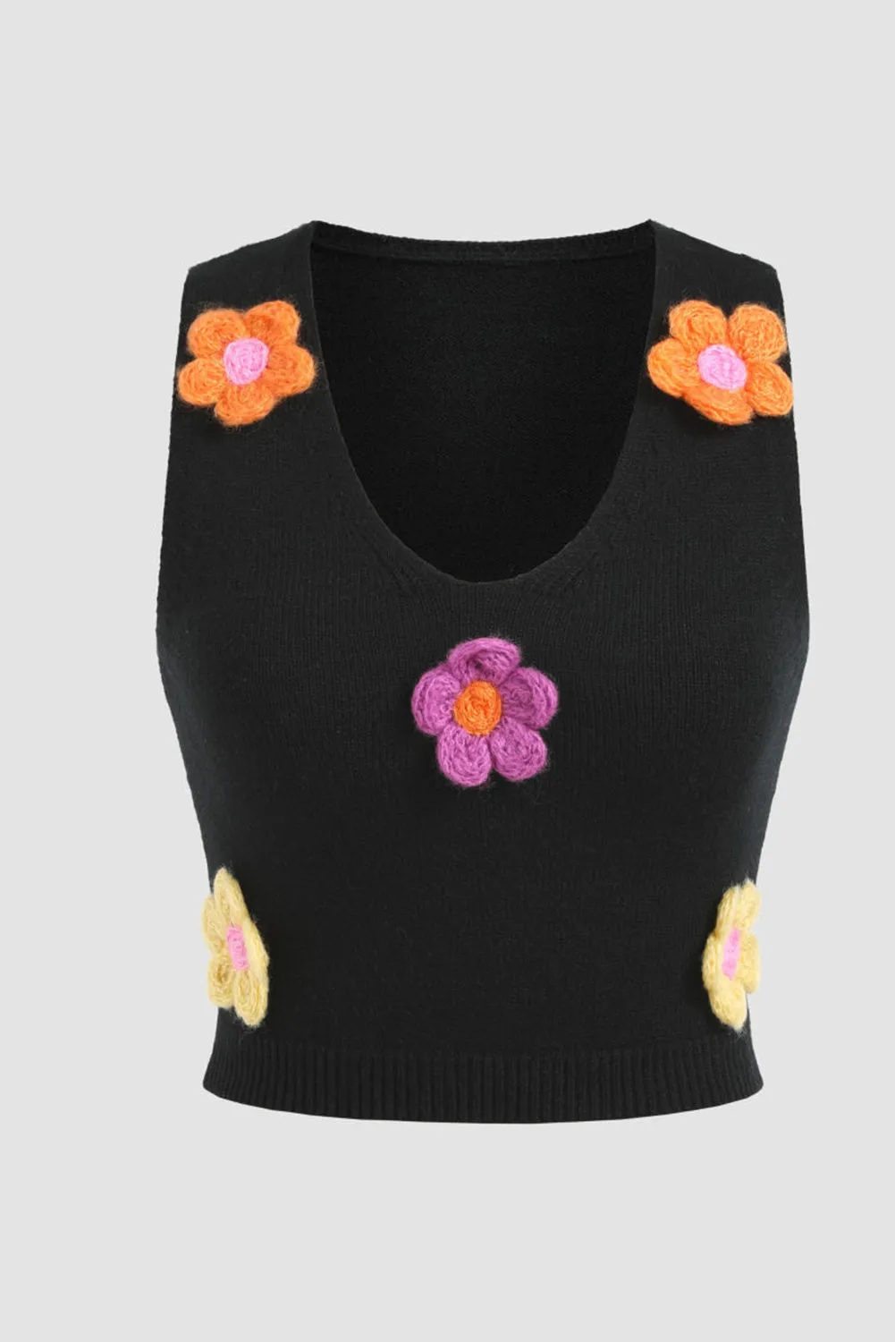 Black 3D Flower Decor Sleeveless Knitted Crop Top