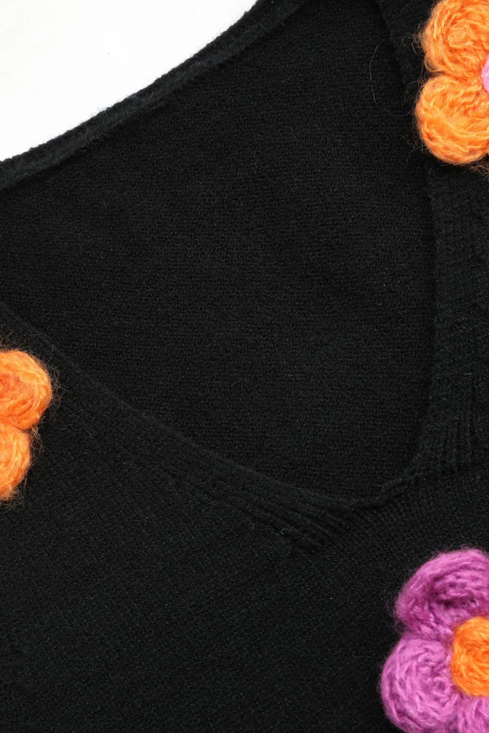 Black 3D Flower Decor Sleeveless Knitted Crop Top