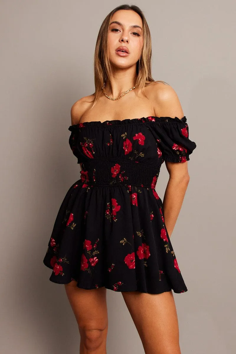 Black Floral Ruffle Playsuit Short Sleeve