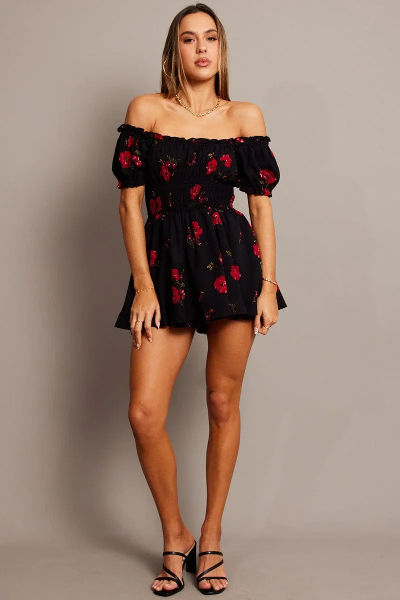 Black Floral Ruffle Playsuit Short Sleeve