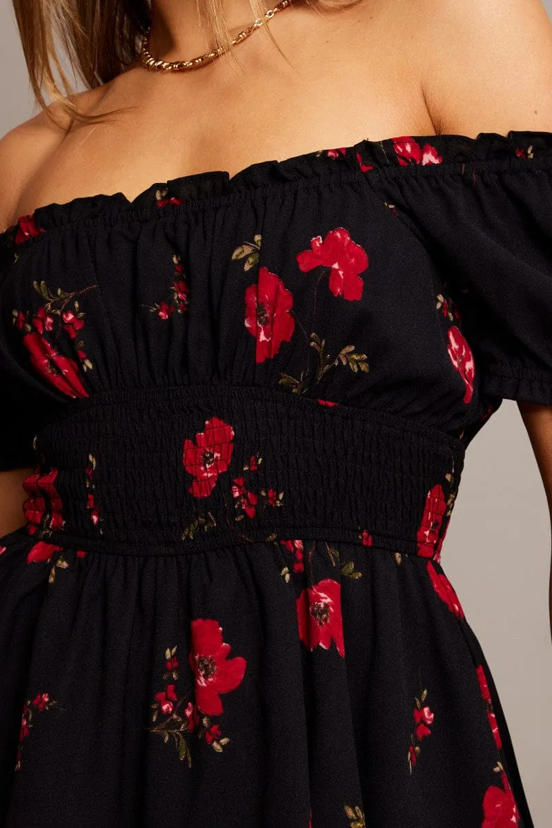 Black Floral Ruffle Playsuit Short Sleeve