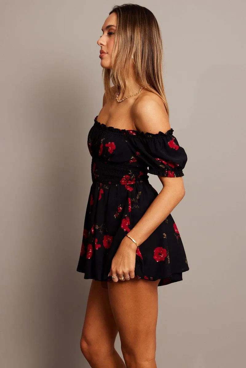 Black Floral Ruffle Playsuit Short Sleeve