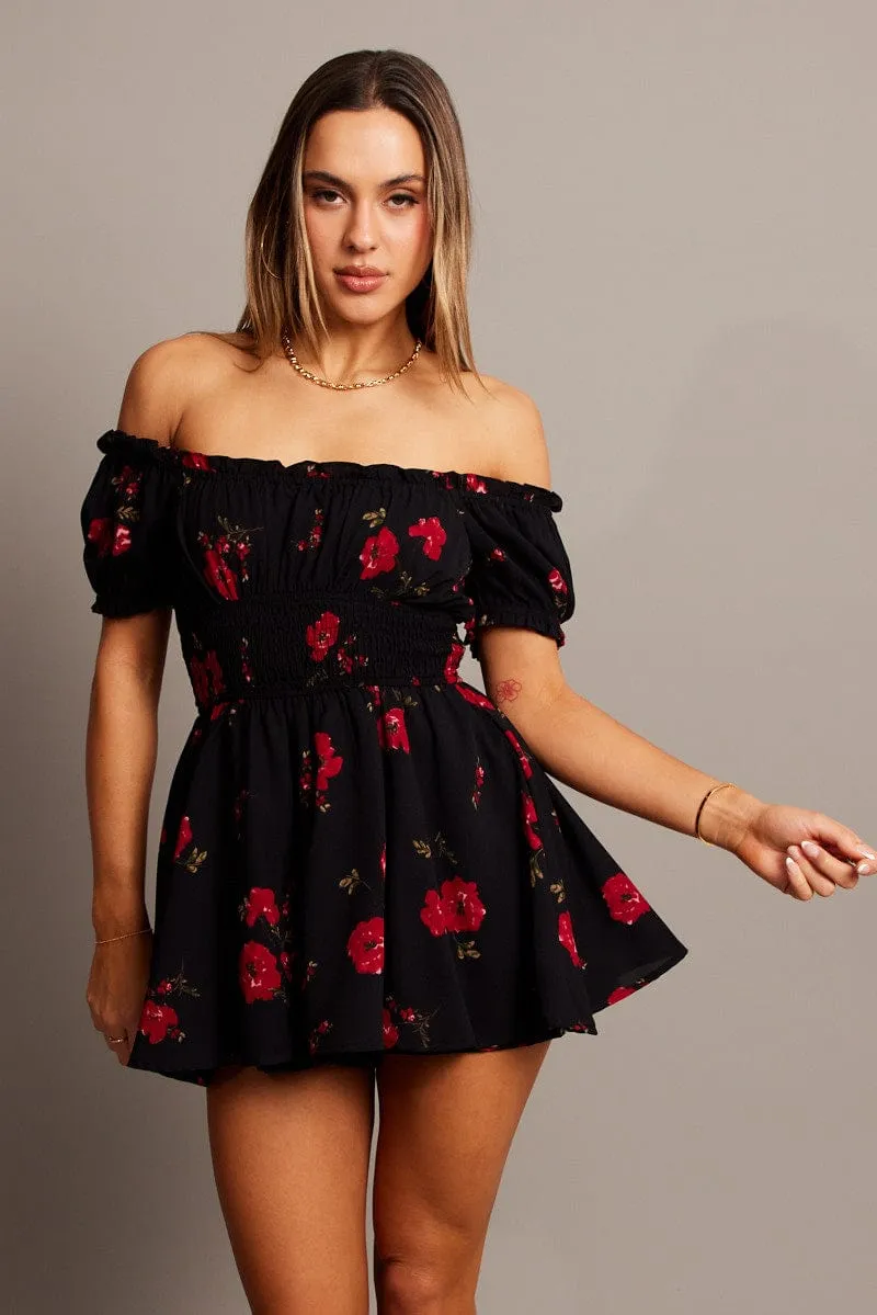 Black Floral Ruffle Playsuit Short Sleeve