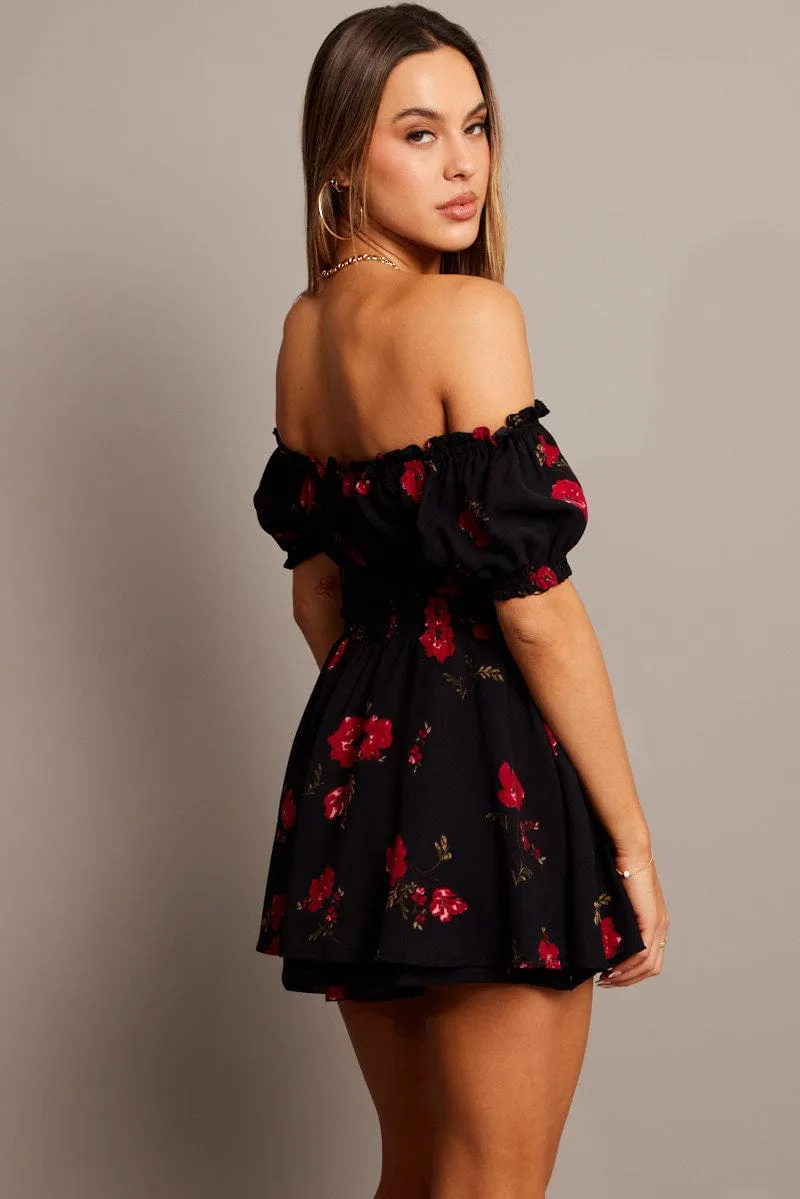 Black Floral Ruffle Playsuit Short Sleeve