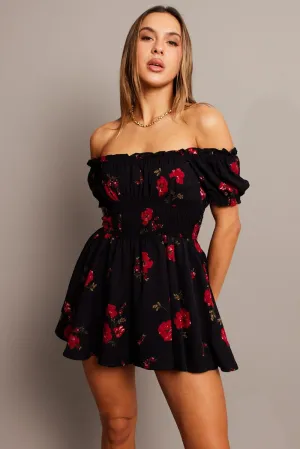 Black Floral Ruffle Playsuit Short Sleeve