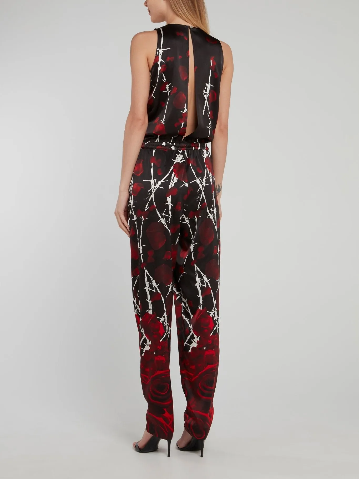 Black Rose Print Back Slit Jumpsuit