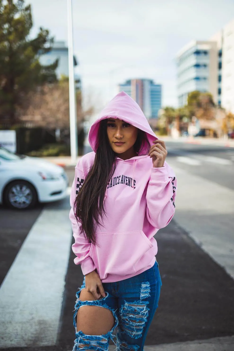 Black SA Curve | Light Pink Hoodie (Solid Checkered Drippin Sleeves)