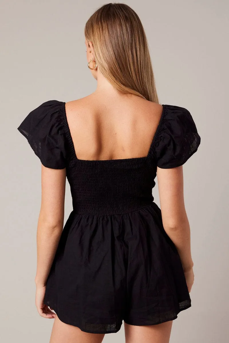 Black Shirred Playsuit Short Sleeve