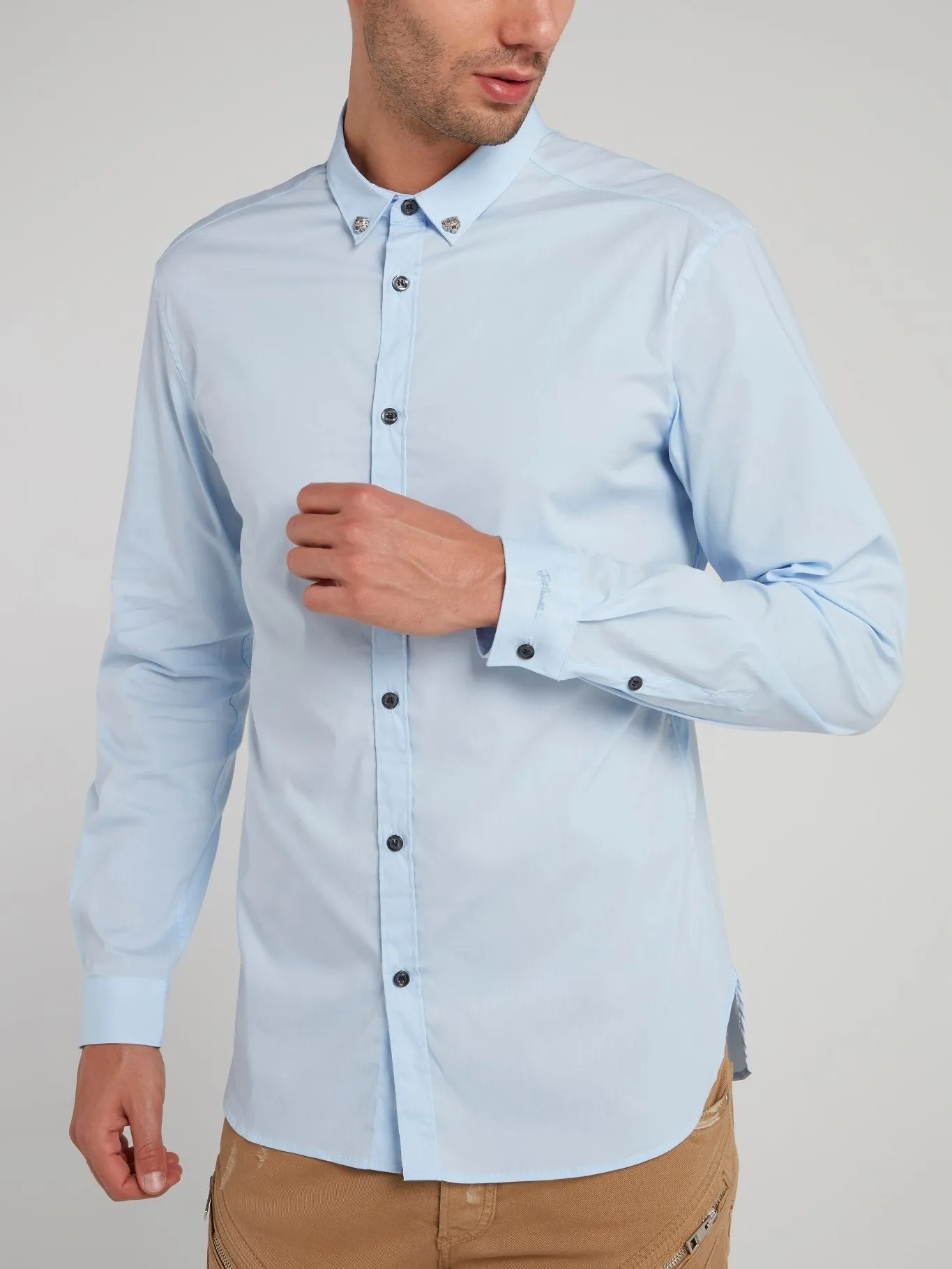 Blue Collar Tip Embellished Long Sleeve Shirt