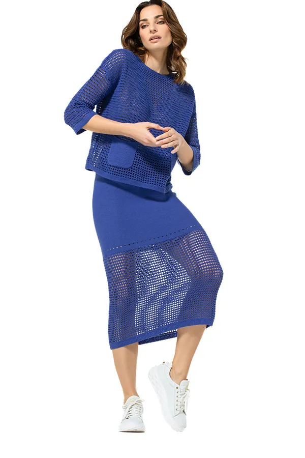 BLUE SHEER CROCHET LONG PULLOVER