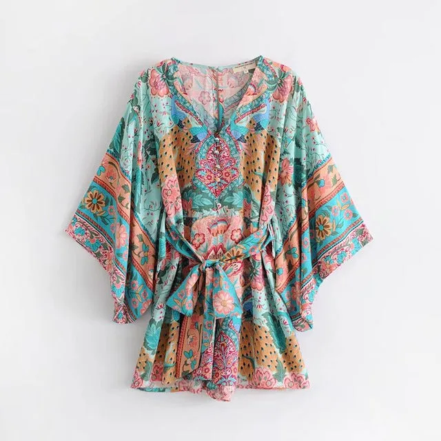Boho Kimono Peacock Floral Romper