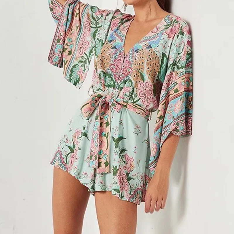 Boho Kimono Peacock Floral Romper