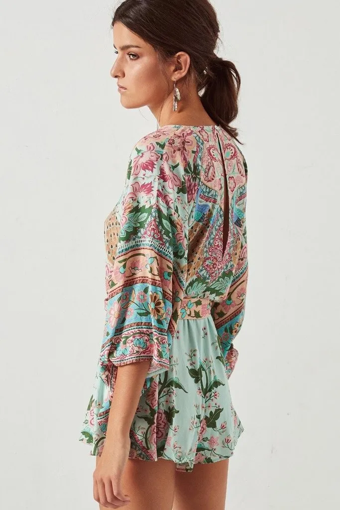 Boho Kimono Peacock Floral Romper