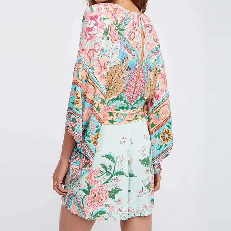 Boho Kimono Peacock Floral Romper