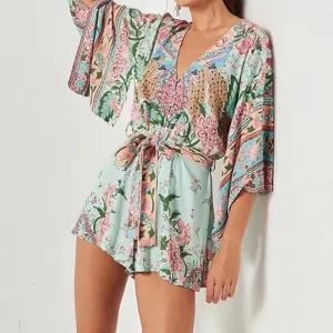 Boho Kimono Peacock Floral Romper