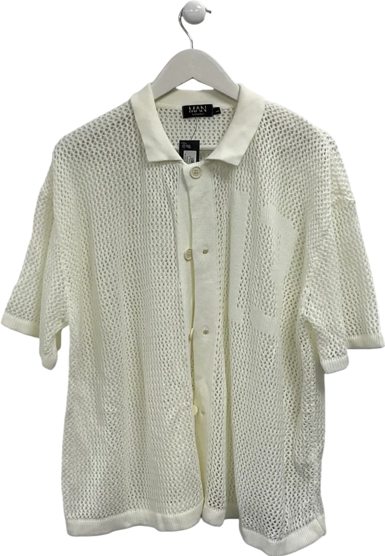 boohooMan Beige Oversized Boxy Fit Crochet Shirt UK L