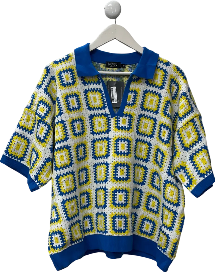 boohooMan White Short Sleeve Boxy Fit Revere Crochet Polo UK M